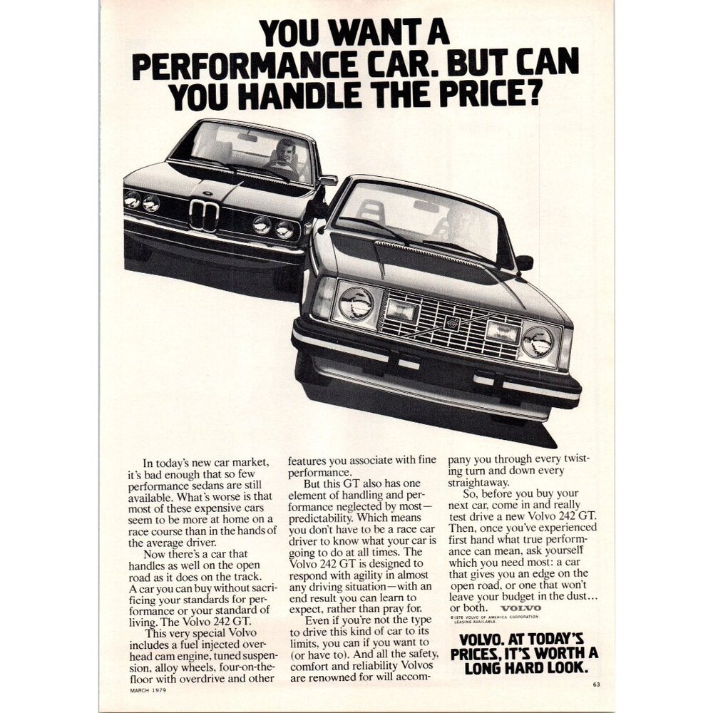 1979 Volvo 242 GT Sports Sedan Vintage Print Ad Performance Car 70s Wall Art